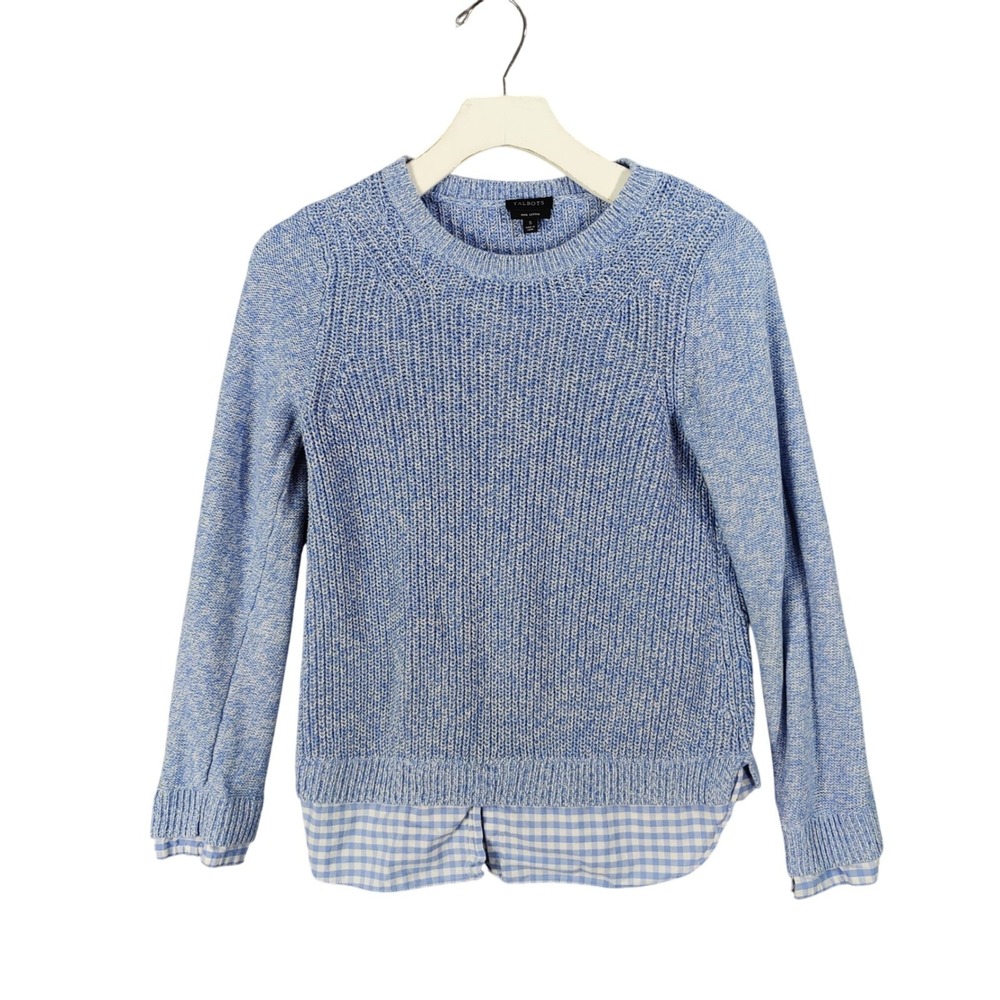Talbots Womens Preppy Coastal Chunky Knit Sweater S Blue Gingham Layered Hem